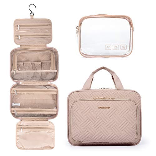 BAGSMART Toiletry Bag Hanging Travel Makeup Organizer with TSA Approved Transparent Cosmetic Bag Makeup Bag for Full Sized Toiletries, Large-Pink