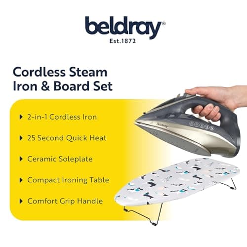 Beldray COMBO-9210 Iron & Ironing Board Set – Titanium 2-in-1 Cordless Steam Iron, Ceramic Soleplate, 140g/min Steam Shot, 230ml, Small Tabletop Ironing Table, Lightweight, 73 x 31 cm, Dog Print Cover — view 2