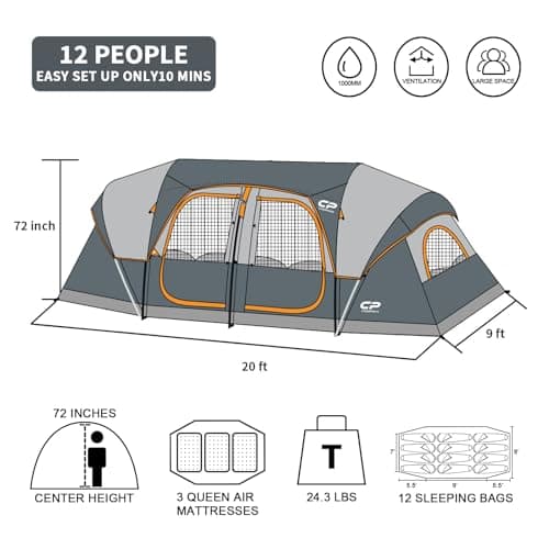 CAMPROS CP 12-Person Family Tent, 3-Room Tunnel Camping Tent, Waterproof — view 2