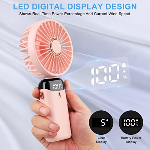 LYMYBETY Portable Handheld Fan, 4000mAh Mini USB Rechargeable Fan with Digital Display, Small Personal Pocket Fans with 5 Speeds, Hand Held Fans with Lanyard and Base for Home Travel (Pink) — view 6