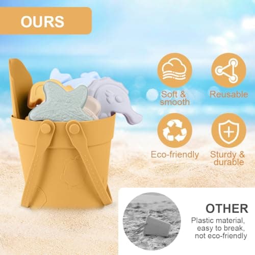 HOTUT Sand Toys for Kids, 8 Pack Silicone Sand Toy with Foldable Bucket, Shovel and Moulds, Summer Beach Toys for Kids, Beach Toy for Sandbox and Beach — view 5