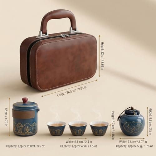 Complete Ceramic Travel Tea Set with Leather Case,Blue Chinese Tea Gift Set with Teapot, 3 Cups & Tea Caddy, Portable Tea Maker for Car, Camping, Office, Home Kitchen Daily Use and Family Tea Time​ — view 2