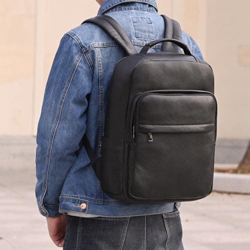 newsbirds Genuine Leather 15.6 Inch Laptop Backpack for Men Women, Business Travel Bag Hiking Rucksack Backpack Daypack, 8019 Black — view 3