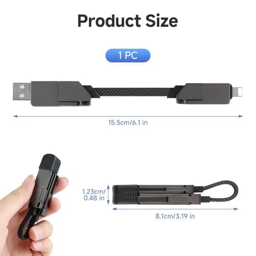 AHRLIC 4-in-1 USB Charging Cable Keychain – Zinc Alloy, Multi-Adapter Charger Cord for USB, Type-C, Micro USB, iOS Port Devices – 60W Fast Charging, Magnetic Stretchable Travel Cable (Dark Gray) — view 2