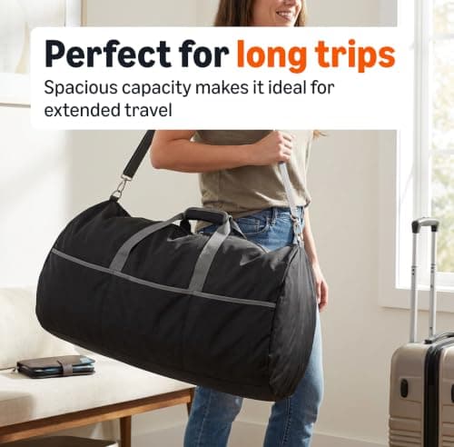 Amazon Essentials 32.4” (82.3cm) Extra Large Foldable Nylon Duffel Bag for Travel/Storage with Zipped Pockets, 9,254 Cubic Inch (150L), 22.68kg Capacity, Black (Previously Amazon Basics) — view 3