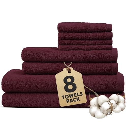 Novo Home Bath Towels Set of 8 – 550 GSM 100% Cotton Burgundy Towel Set Bale Includes 2 Bath, 2 Hand, 4 Face Towels – Soft, Absorbent & Quick Dry Towel for Bathroom, Spa, Kitchen, Hotel Use