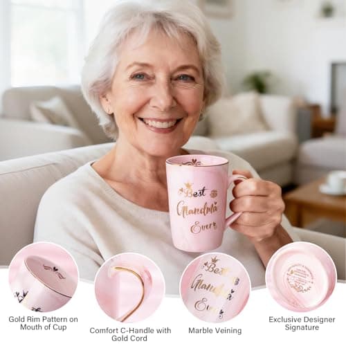 Doublewhale Grandma Gifts, Grandma Christmas Birthday Gifts for Nana, Nan, Granny, Gran Gift, 14OZ Pink Ceramic Coffee Mug Gift from Granddaughter Grandson with Spoon Lid Card, Nice Box — view 4