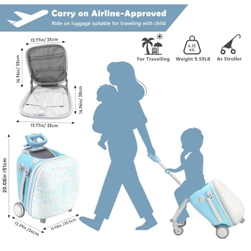 AODI Kids Ride-on Luggage with Seat, 20 inch Carry On Suitcase, 2-in-1 Children's Luggage & Baby Stroller with Shockproof Silent Wheels and Guardrail for Airplane — view 2