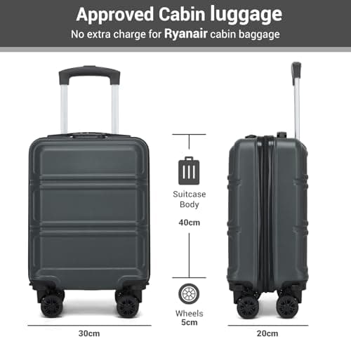 Kono 15 Inch Ryanair 40x30x20 Carry On Hand Luggage, Lightweight Hard Shell Cabin Bag, Small Suitcase with 4 Spinner Wheels (Grey/Black) — view 2