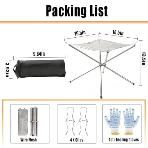 Foldable Fire Pit for Camping, Portable Stainless Steel Mesh Fire Pit Set with Carrying Bag Saving Space for BBQ Heating, Bonfire, Barbecue, Patio, Backyard, Garden (Silver, 16.5 x 16.5 x 13.5 inches) — view 2