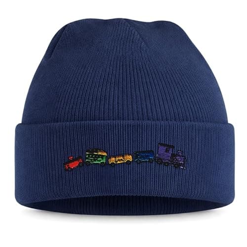 Purple Print House Embroidered Train Kids Beanie Hat - Train and Carriages Design Winter Knit Beanie for Toddler Boys School Travel, One Size, Navy