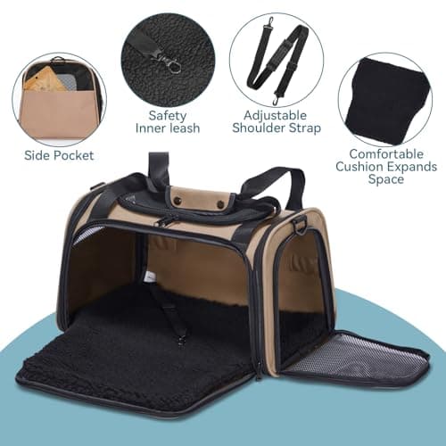 PETSFIT Cat Carrier Airline Approved, Soft Carrier for Small and Medium Cats Under 12 Lbs, Soft Cat Travel Bag, Kitten Carrier with Extendable Mat, Khaki — view 3