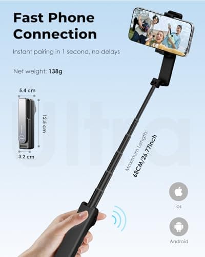 Viozon Selfie Stick, Telescopic Aluminum Alloy Pole, Max Length 68cm, 100g Light Weight, Wireless Remote Control Button, Portable & Foldable, Ergonomic Handle, Black — view 3