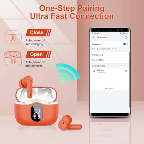 Wireless Earbuds, Bluetooth 5.4 Headphones In Ear with 4 ENC Mic, 2026 Wireless Earphones Noise Cancelling Deep Bass, LED Display, Bluetooth Earbuds 36H Playtime, IP7 Waterproof Ear buds, USB-C Orange — view 5