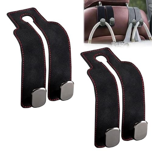 Car Hooks for Headrest 2 Pack, Car Seat Back Storage Hook, 2 in 1 Headrest Hooks for Purses and Bags, Leather Car Headrest Hanger with Metal Hooks, Double Headrest Hooks Mobile Phone Holder (Black)