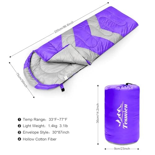 Tesmien Sleeping Bag for Adults & Kids 3-4 Season Warm Weather and Winter Lightweight, Waterproof for Teens, Men's Indoor & Outdoor Camping/Traveling/Hiking, Purple Grey — view 2