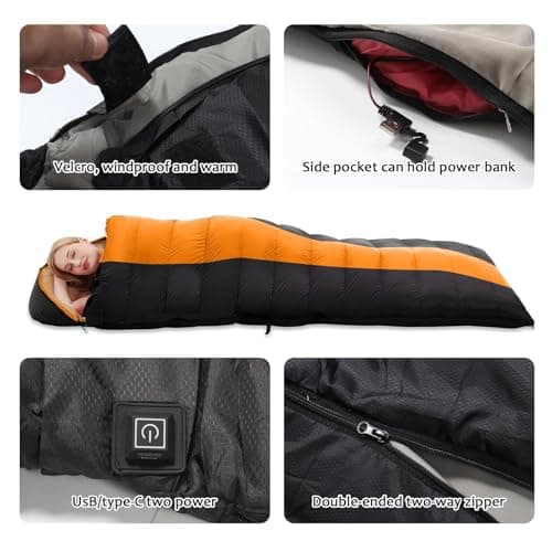 Sleeping Bags for Adults, Heated Sleeping Bag with 3 Adjustable Temperature, Waterproof USB Rechargeable Heating Pads, 0 Degree Sleeping Bag for Camping Cold Weather — view 6