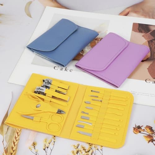 LOPHE Professional Manicure Set, 16pcs Portable Nail Clippers & Eyebrow Grooming Kit, Stainless Steel Nail Care Tools with Luxurious Leather Case for Travel & Home(yellow) — view 6