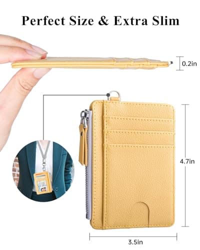 Teskyer Women Card Holder Wallet, Slim Credit Card Wallets, Minimalist, RFID Blocking, 1 ID Window, with Zipper, Holds up to 8 Cards, Yellow — view 5