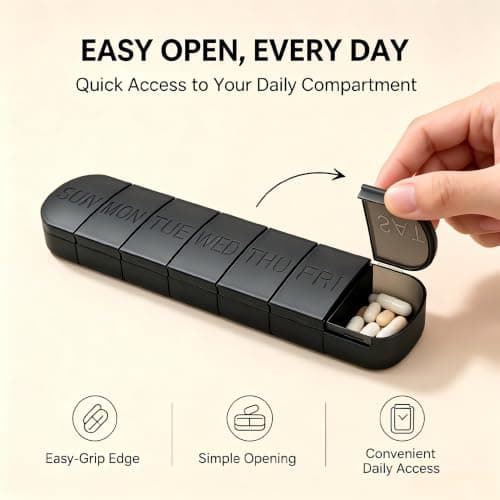 7 Day Pill Box Organiser, 1 Time a Day Weekly Pill Holder, Easy Open Daily Tablet Case with Raised Day Markings, Light-Blocking Design for Medication, Vitamins & Supplements, Travel & Home Use — view 3