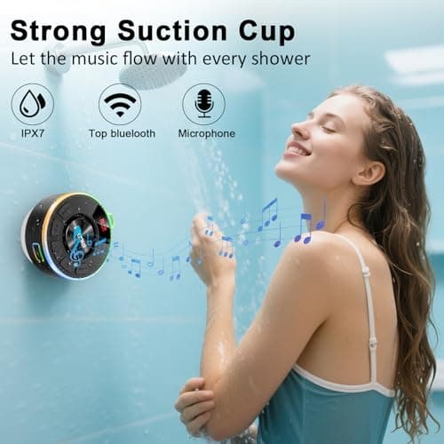 Bluetooth Shower Speaker, IPX7 Waterproof Portable Speaker with Suction Cup, 10H Playtime, Wireless Mini Speaker for Bathroom with RGB Lights, Stereo Bass Built-in Mic, for Travel/Outdoor/Party/Beach — view 2