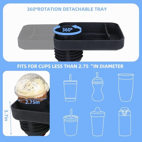 Child Cup Holder with Snacks Holder for Convertible Car Seats, 360° Convertible Cup Holders, Stroller Cup Holder with Snack Pod, Travel Snacks Food Plate Fits Most Car Seats Sofa, Black — view 4