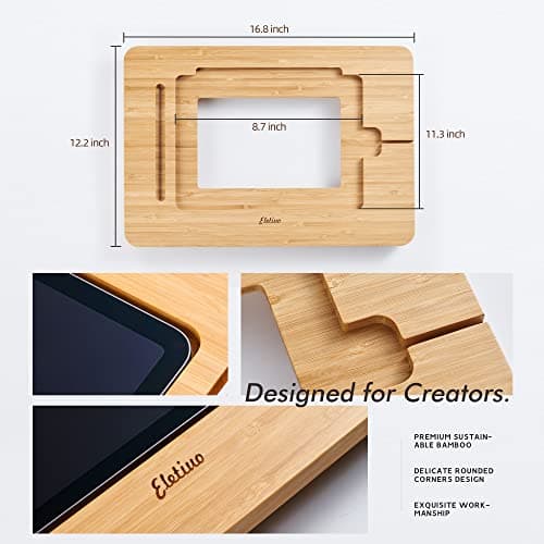 ELETIUO Upgraded Bamboo Wooden Drawing Ipad Holder with Pencil&Charger Cable Slot, Multi-Angle Adjustable Tablet Desktop,Foldable Portable Stand,Compatible with 12.9 inch ipad pro 3rd/4th/ 5th Gen — view 2