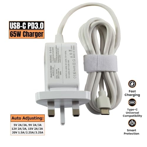 Lite-am 65W USB-C Fast Charger PD 3.0 UK Plug Power Adapter with Type-C Cable White For Amazon Eero Pro-6 mesh WiFi Router, Fire HD 8 — view 2