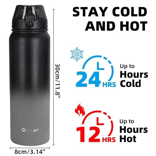 OLDLEY Stainless Steel Water Bottle with Straw 1L Vaccum Insulated Large Drink Flask Metal Water Bottles 1 Litre Leakproof Keep Drinks Hot Cold for Sports Gym Travel Adult Women Men(Black Grey, 1 Lid) — view 4