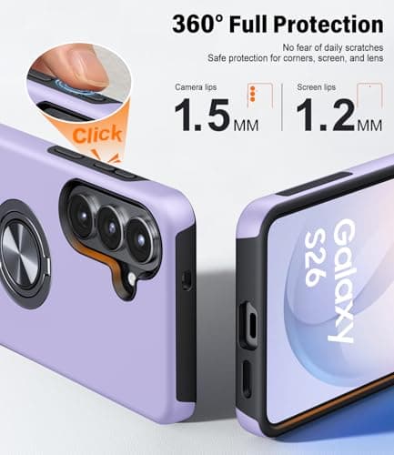 AOUIA for Samsung Galaxy S26 Case with 2-Pack Screen Protector, 3-in-1 Set Cover, 360°Rotating Ring Stand, Military Protection, Shockproof Phone Case for Samsung S26, Purple — view 2