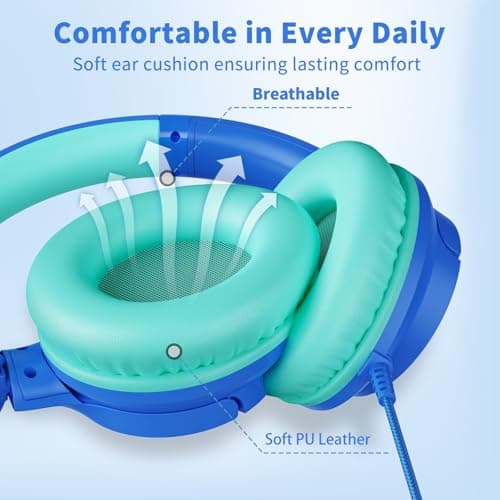 Headphones Wired with Microphone, 3.5mm Corded Headphones for School, Blue — view 6