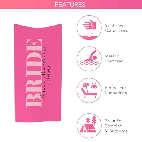 Print Maniacs Personalised Bride to Be Beach Towel Custom Name Date Microfibre Towel Large Quick Dry Lightweight Travel Towel Hen Party Honeymoon Pool Spa Gift — view 4