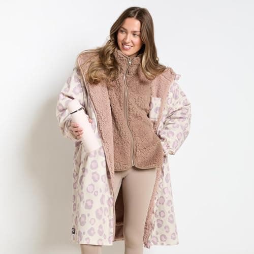 OHS Women's Jackets Changing Robe, Leopard Print Oversized Waterproof Jacket Fleece Lining Rain Coats for Women with Hood & Pockets Drying Robe Ladies Jackets for Outdoor Travel, Beige - S/M — view 2