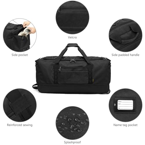 Laripwit Foldable Duffle Bag with Wheels 130-170L Expandable Giant Rolling Duffel Bag 36'' Extra Large Wheeled Holdall for Travel Heavy Duty Collapsible Soft Hand Luggage for Camping Storage, Black — view 6