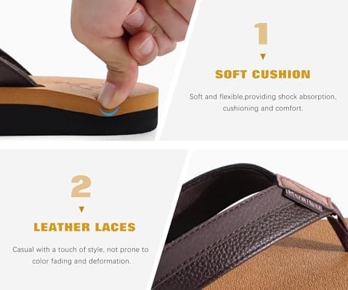 KuaiLu Men's Leather Flip Flops Arch Support Summer Beach Pool Water Thong Sandals Waterproof Rubber Walking Shoes Slip on Orthotic Casual Sport Cushioned Wide Slides Shower Slippers Khaki Brown 10 — view 6