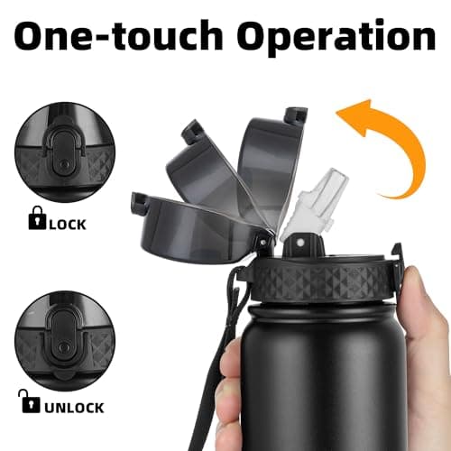 OLDLEY Stainless Steel Water Bottle with Straw 1L Vaccum Insulated Large Drink Flask Metal Water Bottles 1 Litre Leakproof Keep Drinks Hot Cold for Bike Sports Gym Adult Women Men(Black,1 Lid) — view 4