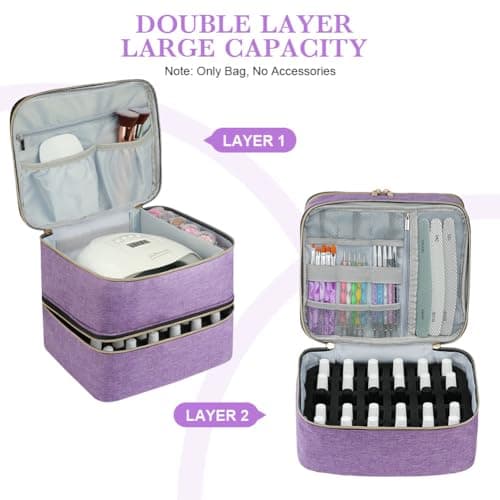 LOPHE Double-Layer Nail Polish Organiser, Double-Layer Travel Bag Storage Bags for 30 Bottles Nail Polish Lipstick and Nail Lamp, Portable Vanity Case with Nail Supplies Storage Sections (Purple) — view 3