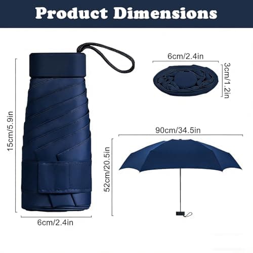 Navy Blue Mini Folding Umbrella, Lightweight Compact Pocket Umbrella, UPF50+ UV Sun & Rain Protection, 6 Rib Sturdy Windproof Waterproof Travel Umbrella with Case, Small Umbrella for Men and Women — view 5
