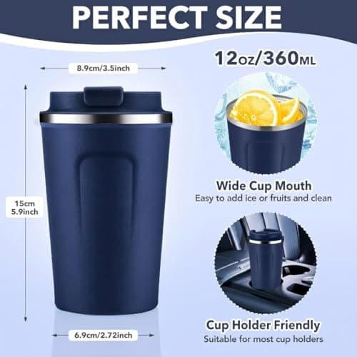 Volhoply 360ml 12oz Double Wall Insulated Vacuum Travel Coffee Mugs with Flip Lid Bulk 2 Pack,Reusable Stainless Steel Leak Proof Coffee Cup,Cafe Thermal Tumbler for Hot & Cold Drinks(Navy,2 Set) — view 2