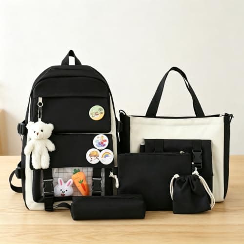 5 in 1 Backpack Set for Teen Girls, Large Capacity Water Resistant School Rucksack with Tote Tutoring Bags Crossbody Bag, Pencil Case, Bear Pendant & Cartoon Badge Accessories, Casual Travel Daypack — view 2