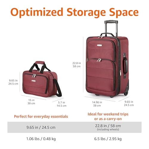 Amazon Basics 2-Piece Luggage Set, Expandable Cabin Suitcase (58 cm) and Tote Bag (25 cm), Soft Shell Suitcase with Wheels, Lightweight Polyester, Red, for Travel Work Weekend Breaks — view 4