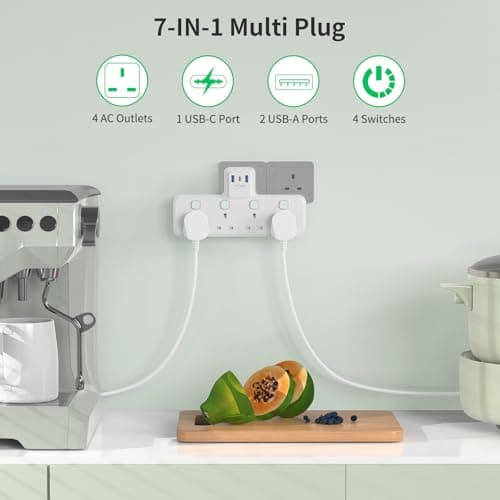 PASSUS Multi Plug Extension Socket 4 Way Plug Adapter with PD20W USB C Slot — view 2