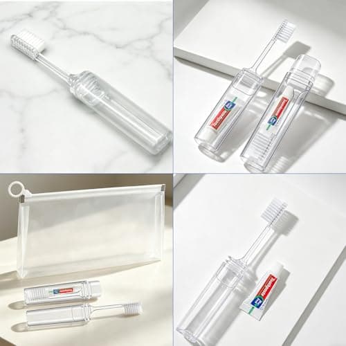 Mini Toothbrush and Toothpaste Set, 4 Foldable Travel Toothbrush with 4 Mini Toothpaste ＆ Storage Bag, Portable Oral Care Kit for Travelling, Camping, Business Trips — view 4
