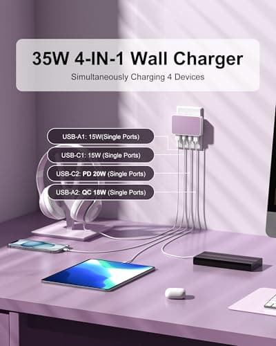 KWRNVO Flat USB Wall Charger 4 Ports Slim 35W USB-C/A Flodable Plug Fast Charging Block for iPhone 8/9/10/11/12/13/14/15 Multiport Power Charging Adapter for ipad and Galaxy Series S8-10 Purple — view 2