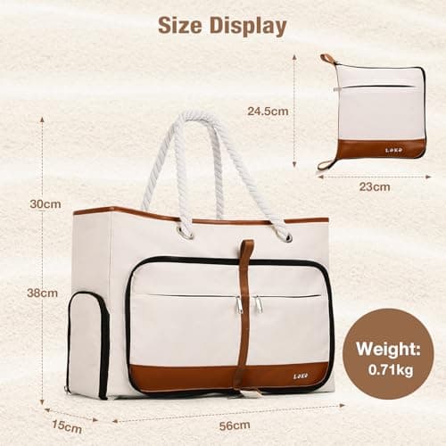 Lekespring Waterproof Beach Bag for Women - Tote Bags with Zip and Pocket, Fldable Travel Shoulder Bag with Shoe Compartment, Enhanced with Bottom Elastic Strap (Beige) — view 3