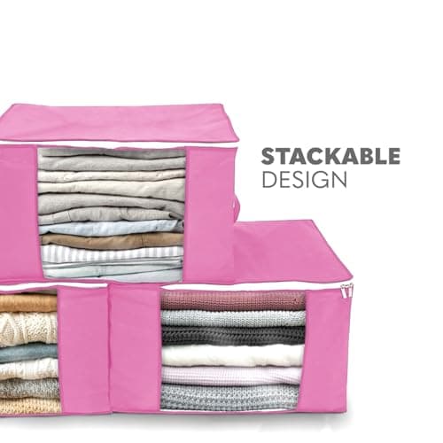 Delka 90L Storage Bags with Lids, Large Storage Boxes with lids, Storage Unit for Clothes, Blankets, Toys, Pack of 3 Foldable Organizers with Reinforced Handles and Clear Window (Dusty Pink, 90L) — view 6