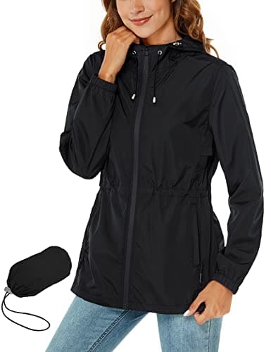 Rapbin Raincoat Women Waterproof Jacket Quick Dry Lightweight Rain Coats Outdoor Rain Trench Coat Packable Hooded Raincoats Black L