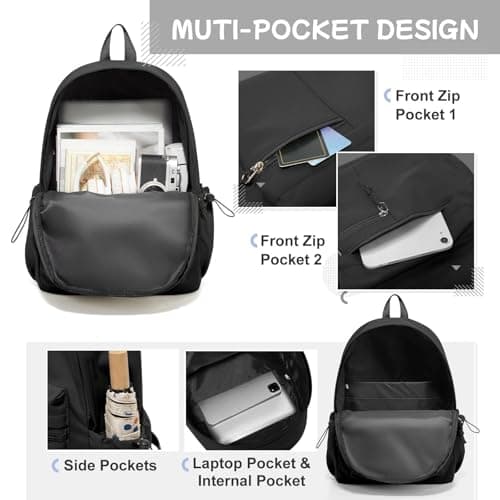 HYC00 School Backpack Secondary Girls Boys Water Resistant Womens Rucksack Backpack Casual Travel Daypacks, School Bags for Teenage Girls College Laptop Backpacks Work Students Back Pack, O1-Black — view 5