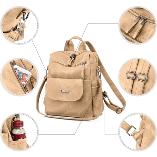 Puwuzixi Women Backpack Waterproof Anti-Theft Lightweight PU Fashion Travel Multipurpose Convertible Purse Shoulder Bag Handbag Backpack Khaki — view 5