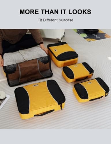 GOX Premium 5-Piece Packing Cubes Set for Travel, Lightweight Durable Luggage Organizer Bags with Double Zipper Mesh Top, 1 Large 2 Medium 2 Small, Nylon, Space-Saving Suitcase Storage (Yellow) — view 5